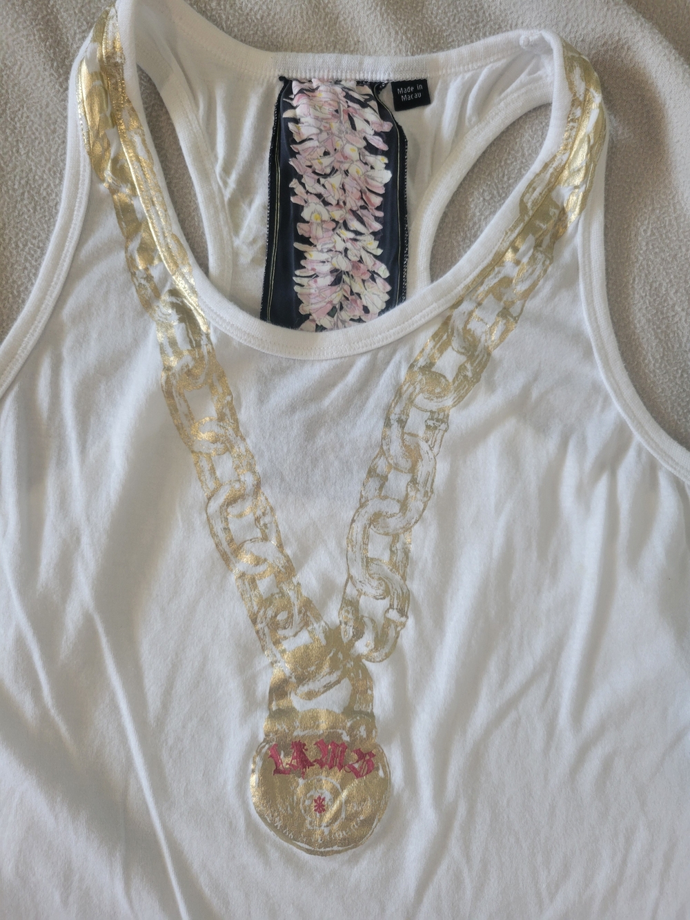 Vintage Y2k L.A.M.B. White Tank with Gold Chain Medallion Print